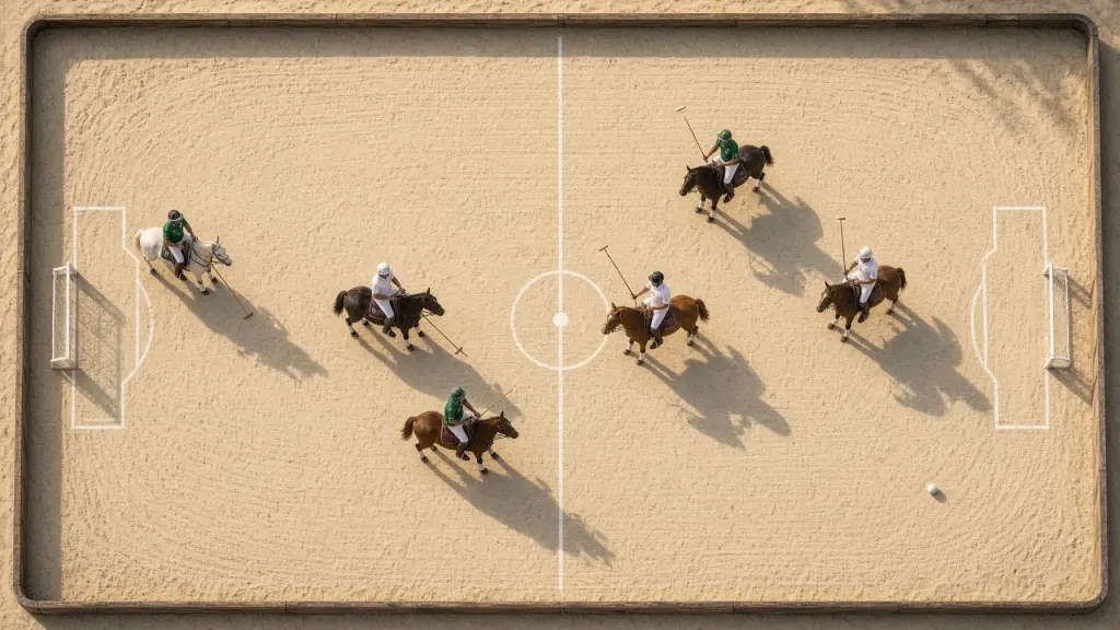 Vista dall'alto di un'arena di sabbia con sei cavalieri in gioco