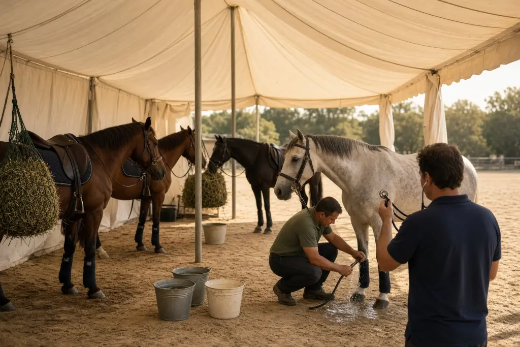 Cavalli da polo a riposo all'ombra, con acqua fresca e un veterinario