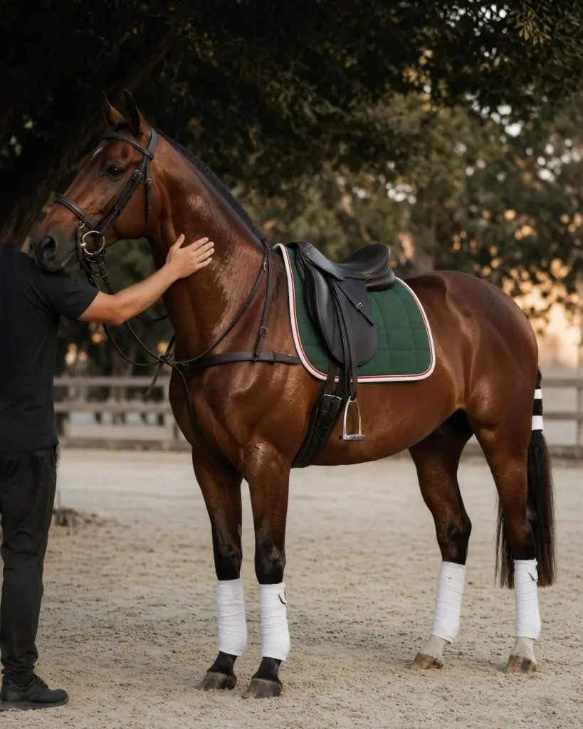 Ritratto di un cavallo da polo con le fasce alle gambe, calmo all'ombra