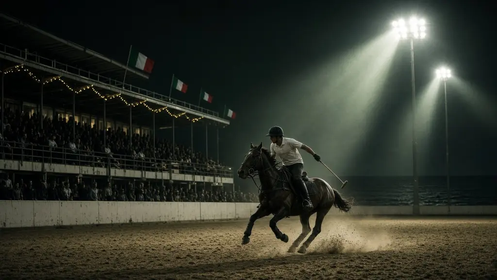 Una serata di arena polo con le tribune illuminate