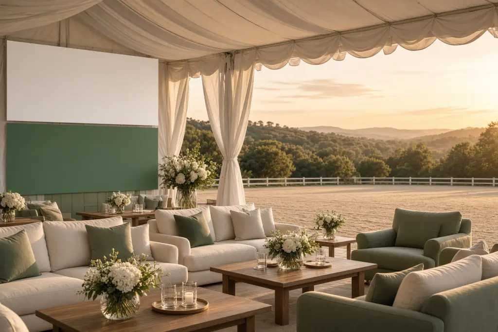 L'area hospitality di un evento di arena polo al tramonto