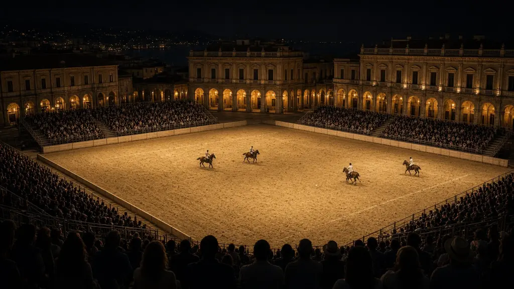 Un'arena di polo in una piazza storica circondata da palazzi, con le tribune piene