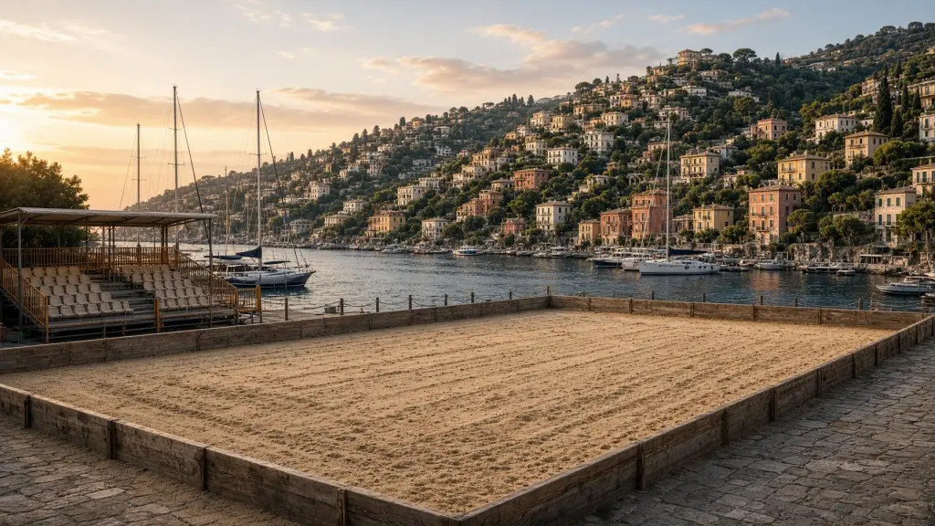 Un'arena di polo temporanea su una banchina del Mediterraneo