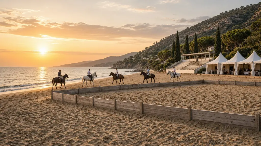 Un'arena di polo sulla spiaggia al tramonto