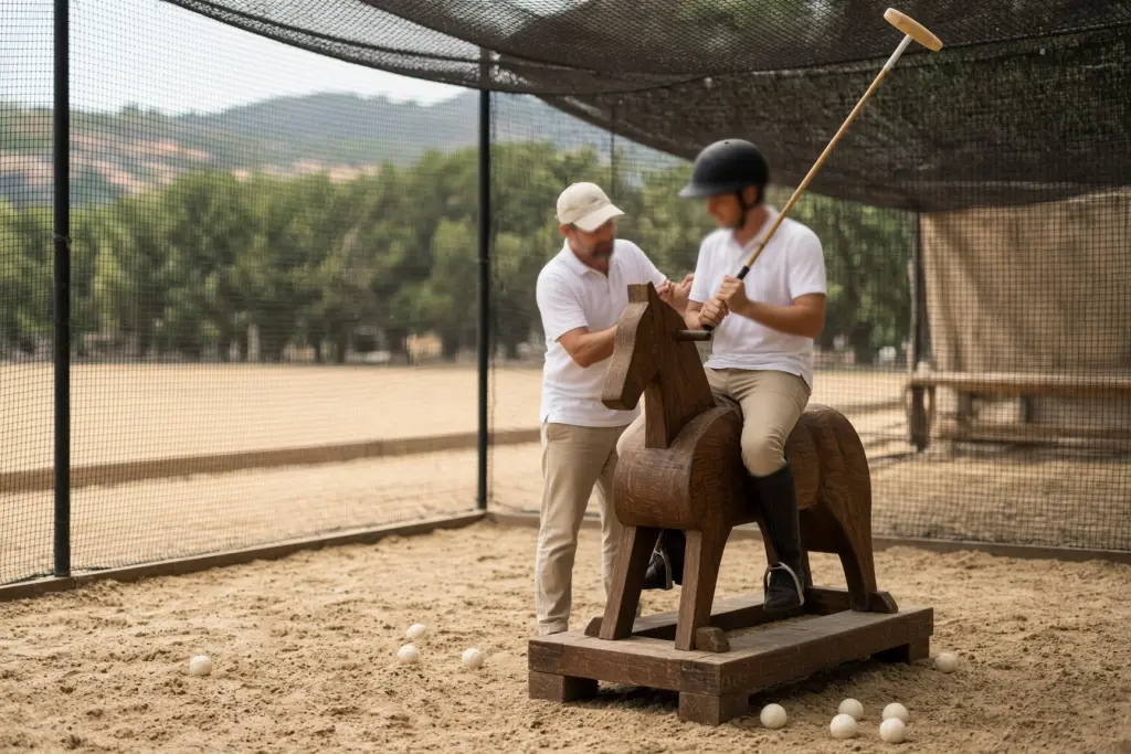 Un istruttore insegna il colpo con la mazza a un principiante sul cavallo di legno